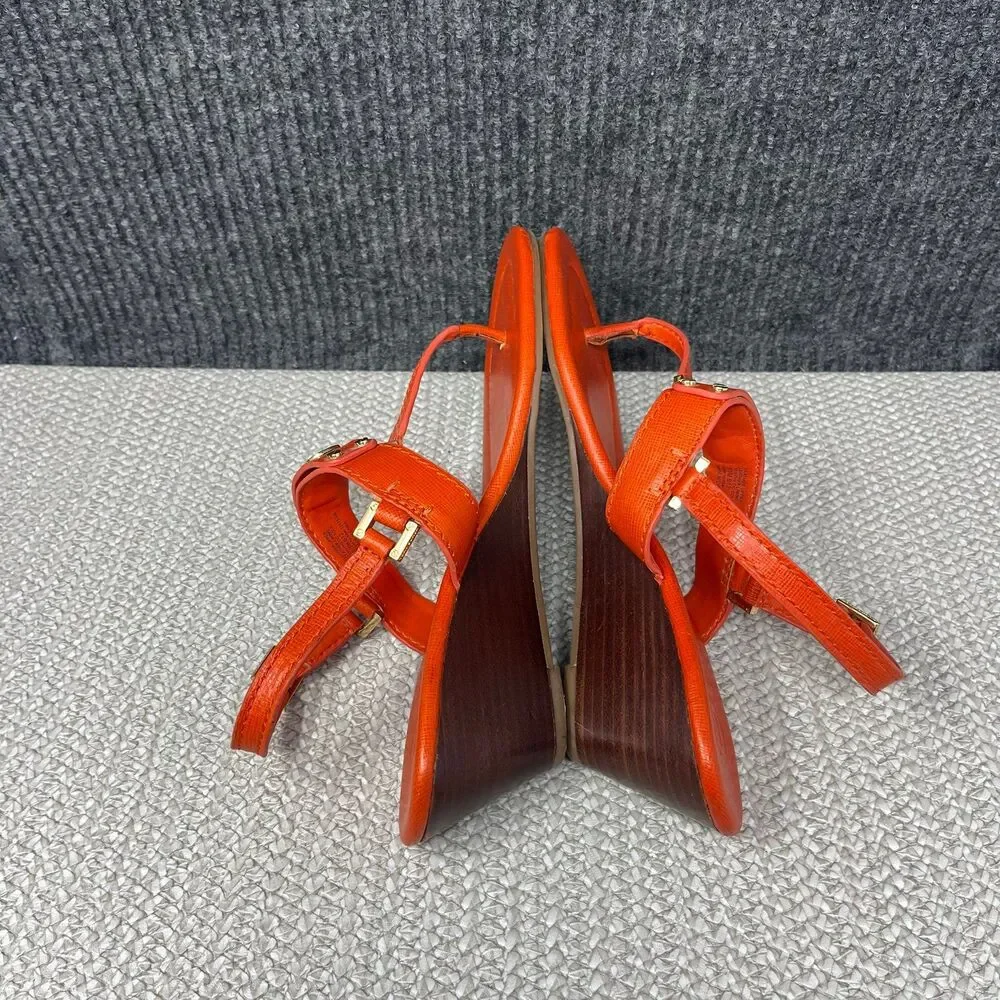 Tory Burch Robinson Demi Wedge Sandals Thong Slingback Orange Leather Womens 8.5